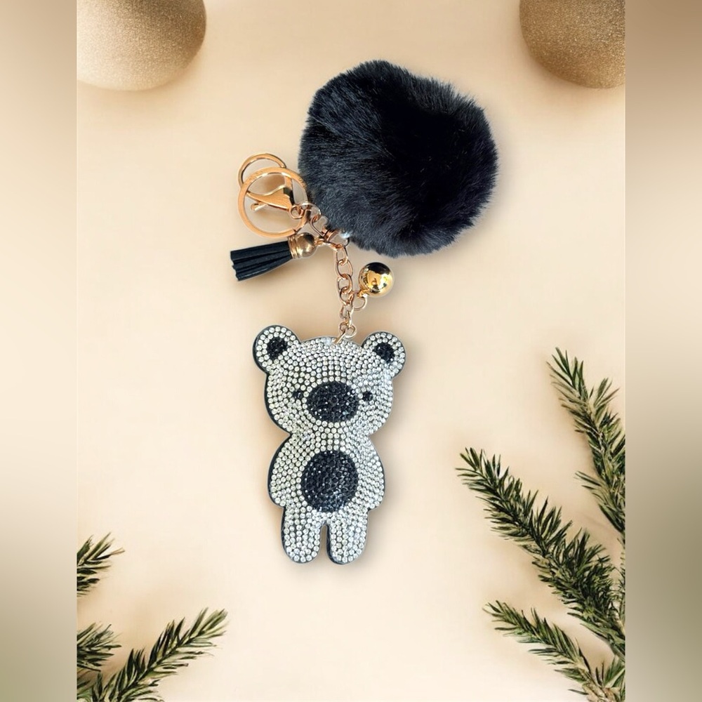 Chic Crystal Bear Keychain with Black Pom Pom